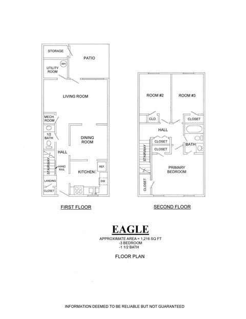 Floor plan for 3 beds, 1.5 baths, 1216 sqft